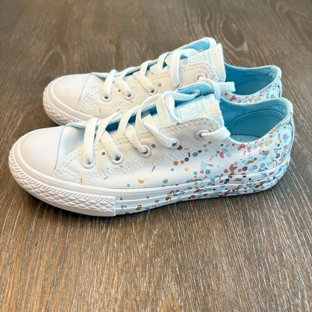 Converse Junior Size 2 All Star Low‎ Top Confetti Sneakers White Cyan